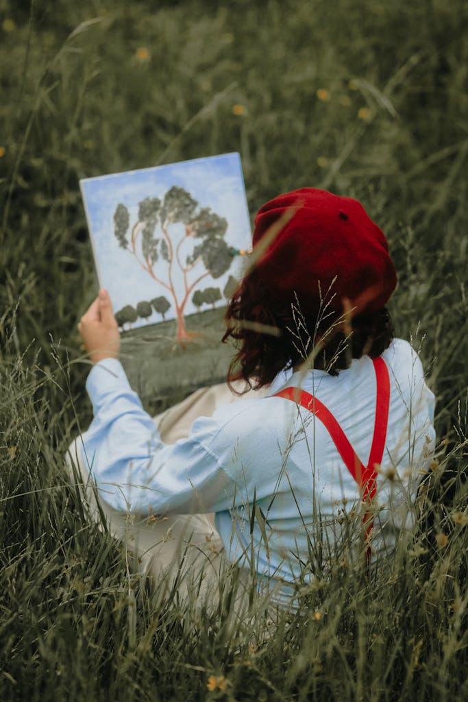 A woman sitting in the grass holding a painting